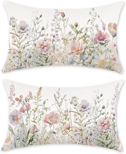 TAJWE Juego de 2 fundas de almohada florales de primavera de 12 x 20 pulgadas, fundas lumbares de flores moradas de verano para sofá, decoración del