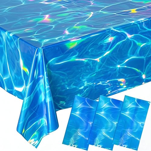 3 manteles iridiscentes con olas oceánicas, manteles desechables de plástico de 54 x 108 pulgadas, manteles con estampado de agua para playa,
