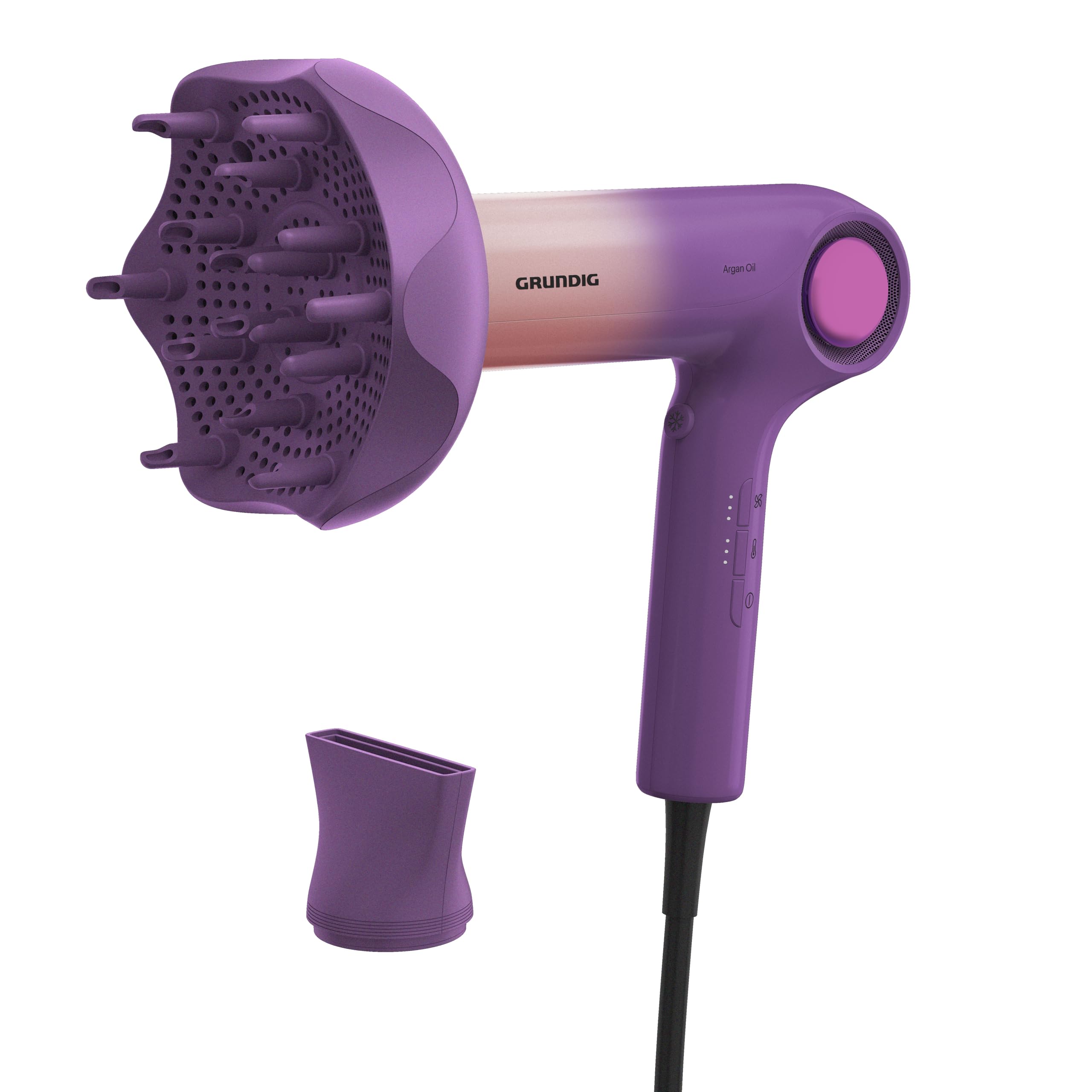 GRUNDIG HD 9480 Sèche-cheveux haute vitesse, moteur BLDC, 1600 W, fonction ionique, 3 niveaux de température et 3 niveaux de flux d'air, niveau froid, revêtement céramique, câble de 1,8 m, rose/violet