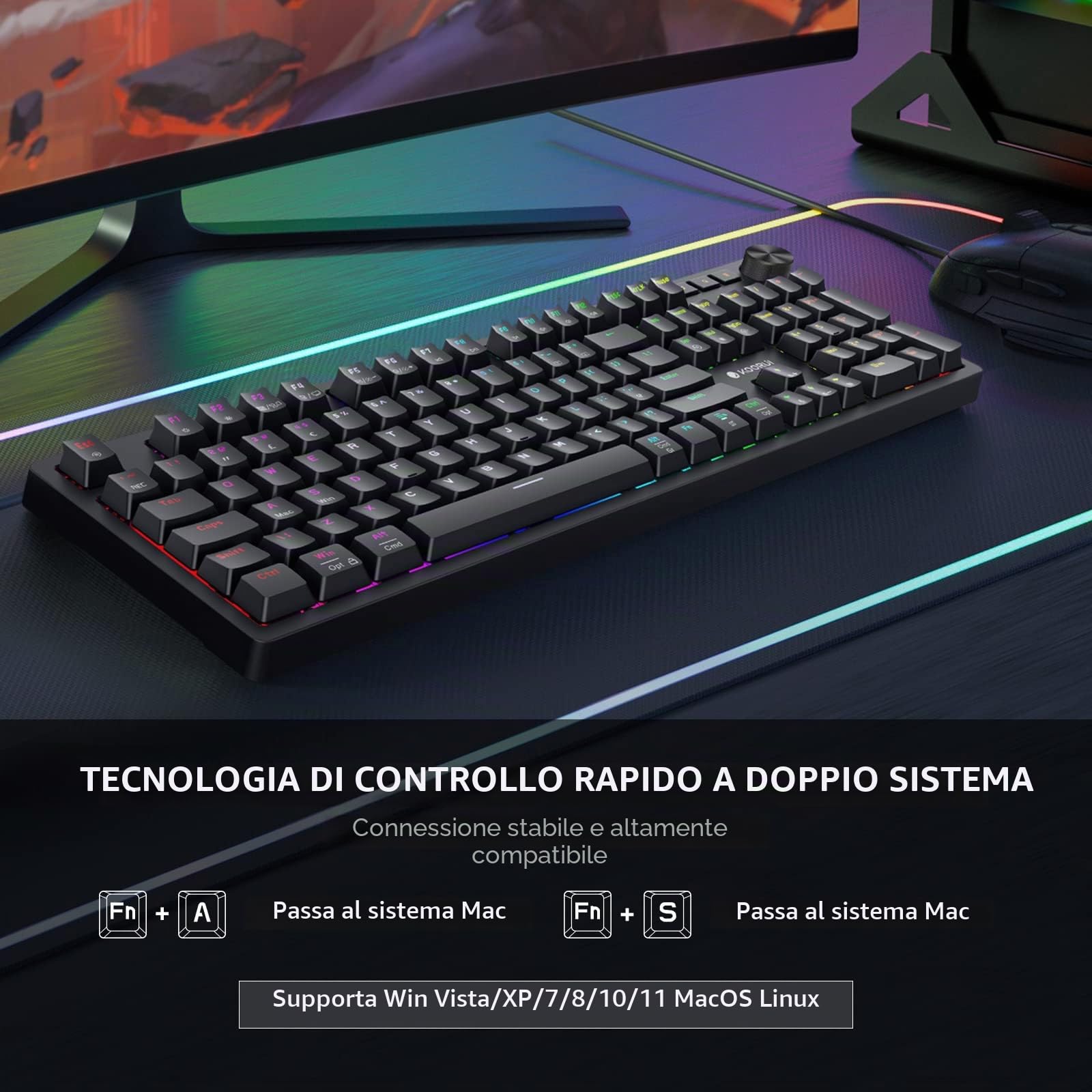 KOORUI Tastiere da gioco, 26 RGB Retroilluminato Tastiera Meccanica Cablato 104 Tasti Full Size UK Layout con Interruttore Marrone Gamer Tastiere per Windows MacOS Linux