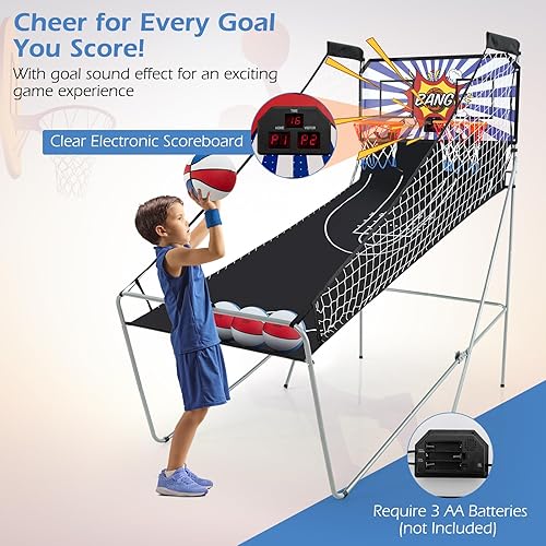 Vista 30 de Goplus Juego de arcada de baloncesto plegable de doble tiro, juego de aro de baloncesto con puntuación electrónica, 8 modos de juego, 4 bolas, Negro