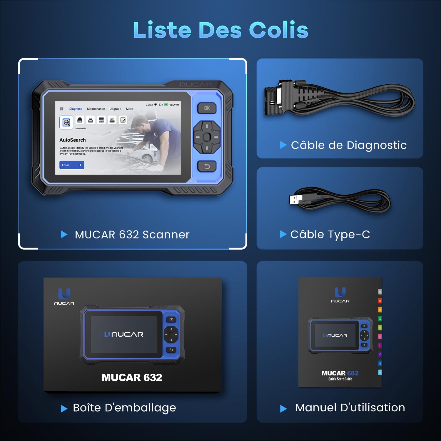 mucar 632 AI Valise Diagnostic Auto,Bidirectionnel OBDII Diagnostic Français, 15 Réinitialisations,Diagnostic de 4 Les systèmes, FCA AutoAuth, CANFD&DOIP, Gratuit à Vie