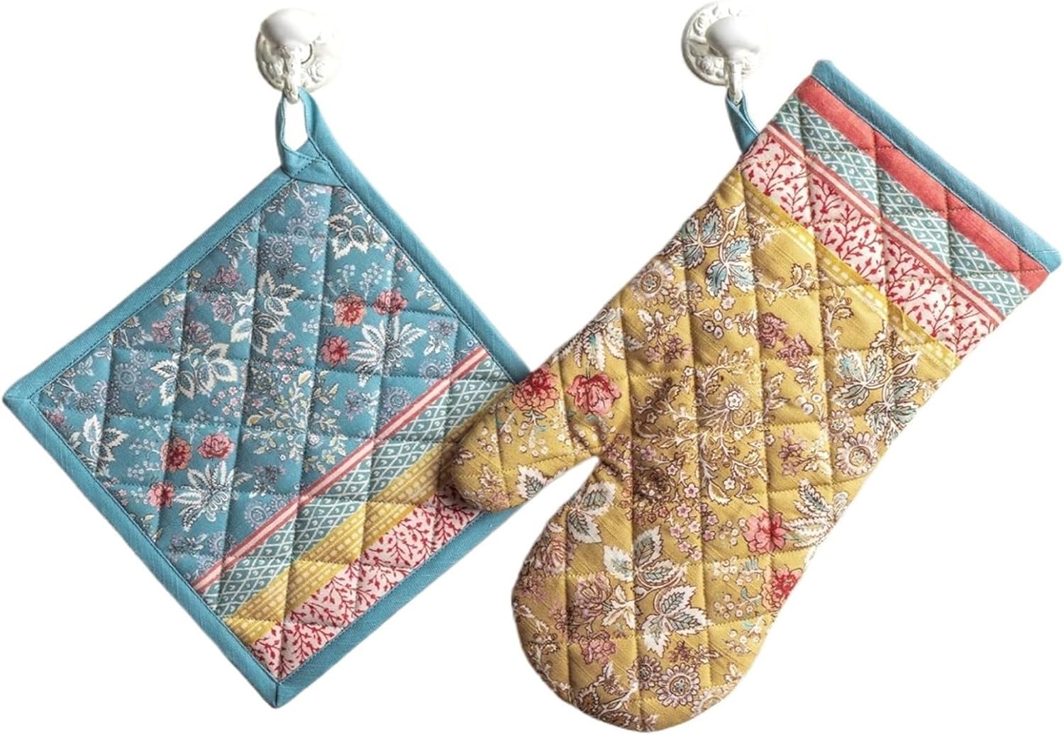 Cotton Oven Mitt & Pot Holder Set Heat BBQ Cooking Gloves with Loop for Baking Grilling Kitchen Decorations