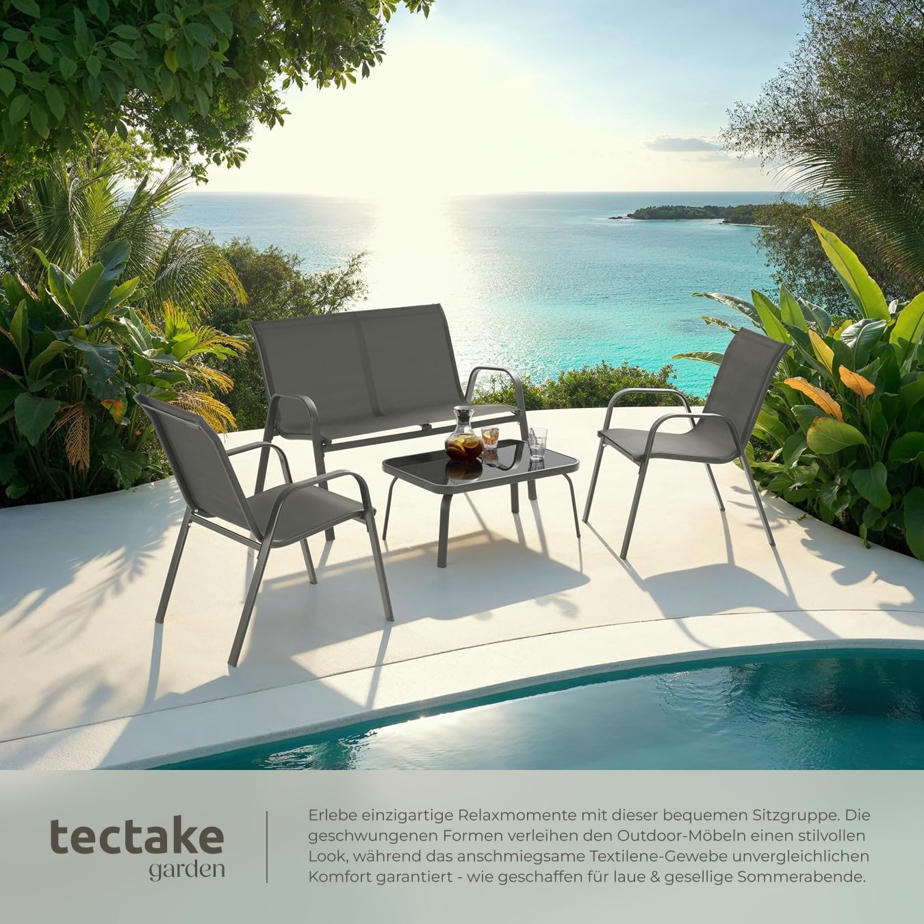tectake® Gartenmöbel Set für 4 Personen, Sitzecke Outdoor für Balkonmöbel Kleiner Balkon mit 2X Stuhl, 1x Gartentisch und 1x Gartenbank wetterfest, Lounge Möbel Outdoor - anthrazit