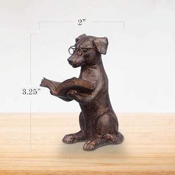 Young's Inc Resin Reading Dog Figurine for Bookshelf, Office Desk & Library Decor, Cute Dog Statue with Glasses and Book, Rustic Animal Home Accent, 3.25 L x 2.36 W x 5 H