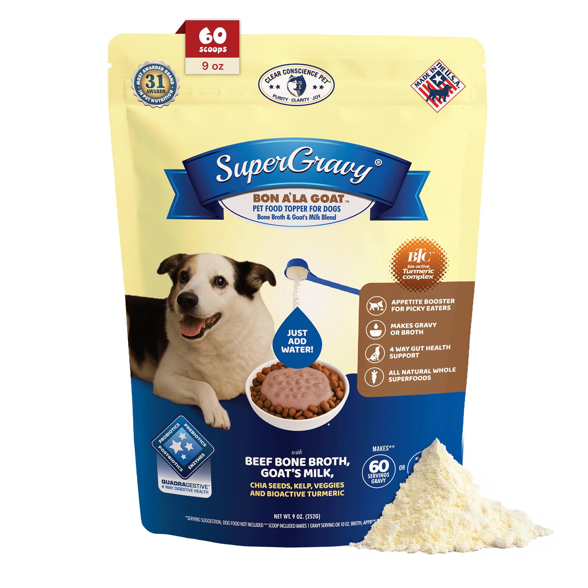 CLEAR CONSCIENCE PET® Bon A'la Goat SuperGravy® Dog Food Topper Hydration Broth Mix Greek Yogurt Cheese Blend Kibble Seasoning Probiotics Prebiotics Enzymes Taurine 9 oz. 60 Scoop, All Life Stage