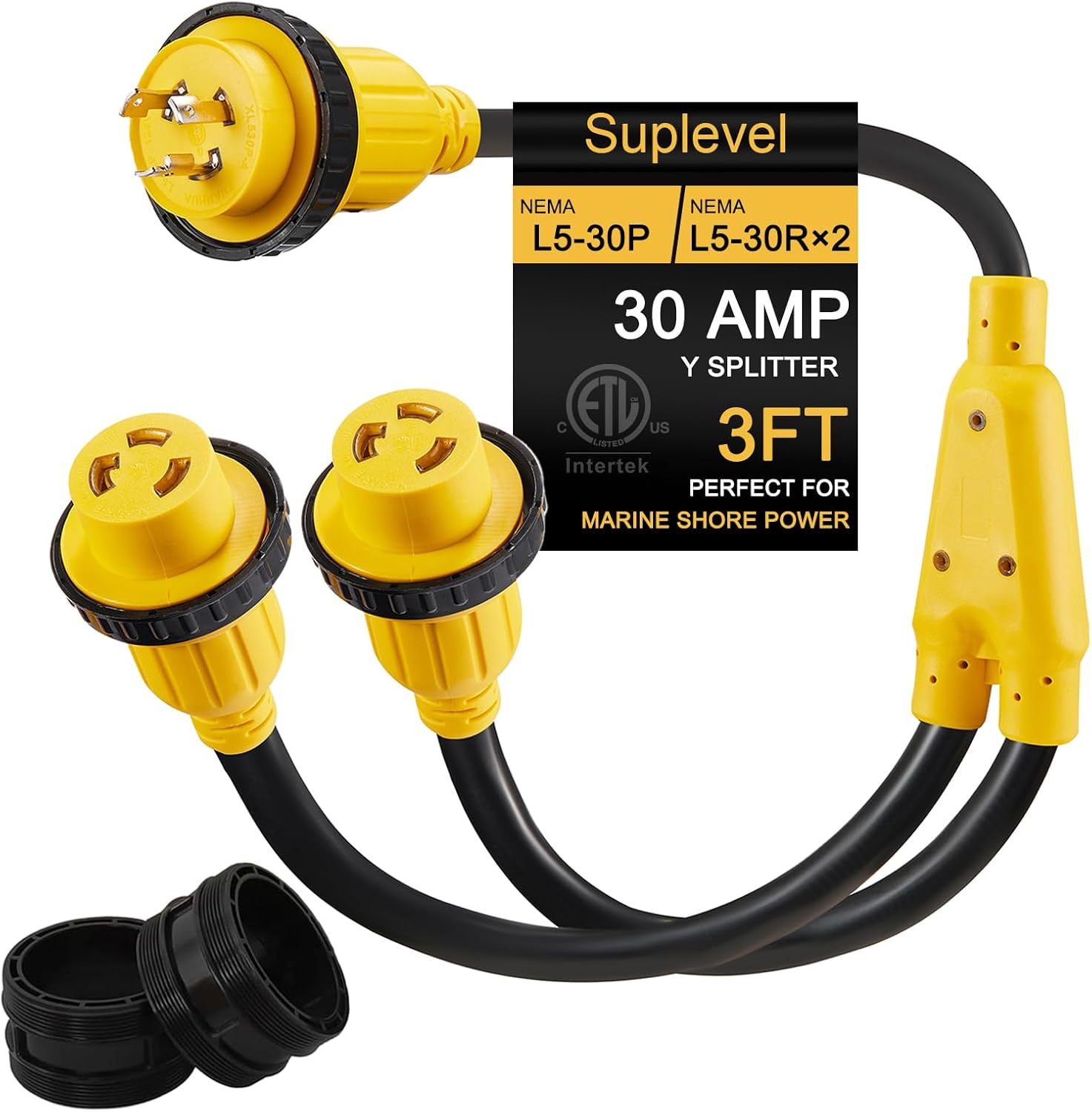 30 Amp Marine Shore Power Adapter, L5-30P Y Splitter to (2) L5-30R, L5-30P Male to L5-30R Female Y Adapter w/Locking Ring & Waterproof Seals, STW 10 AWG, 3FT, ETL Listed