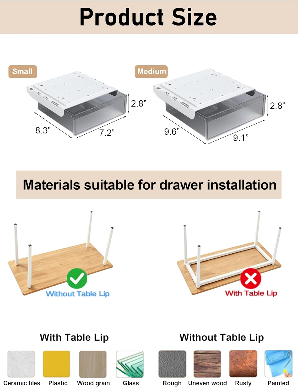 Under Desk Drawer Set of 2, Smooth Slide-Out Storage (Medium/Small), Thick PET Material, For Home Office, Desk & Coffee Table