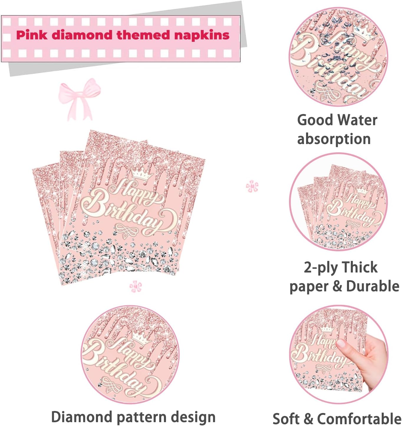 80pcs Pink Rose Gold Plates and Napkins Party Supplies - Happy Birthday Tableware Set, Disposable Party Favors for 20 Guests, Elegant Shimmer Diamond Decor for Baby Shower, Girls, Women - Image 8