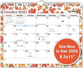 Cranbury Wall Calendar 2025-2026 8.5x11", Use Now to Dec 2026, Colorful Seasonal Designs, Thick Paper, Large Daily Squares, Sturdy Spiral Binding, Use on Wall Lay or Flat as Monthly Desk Calendar