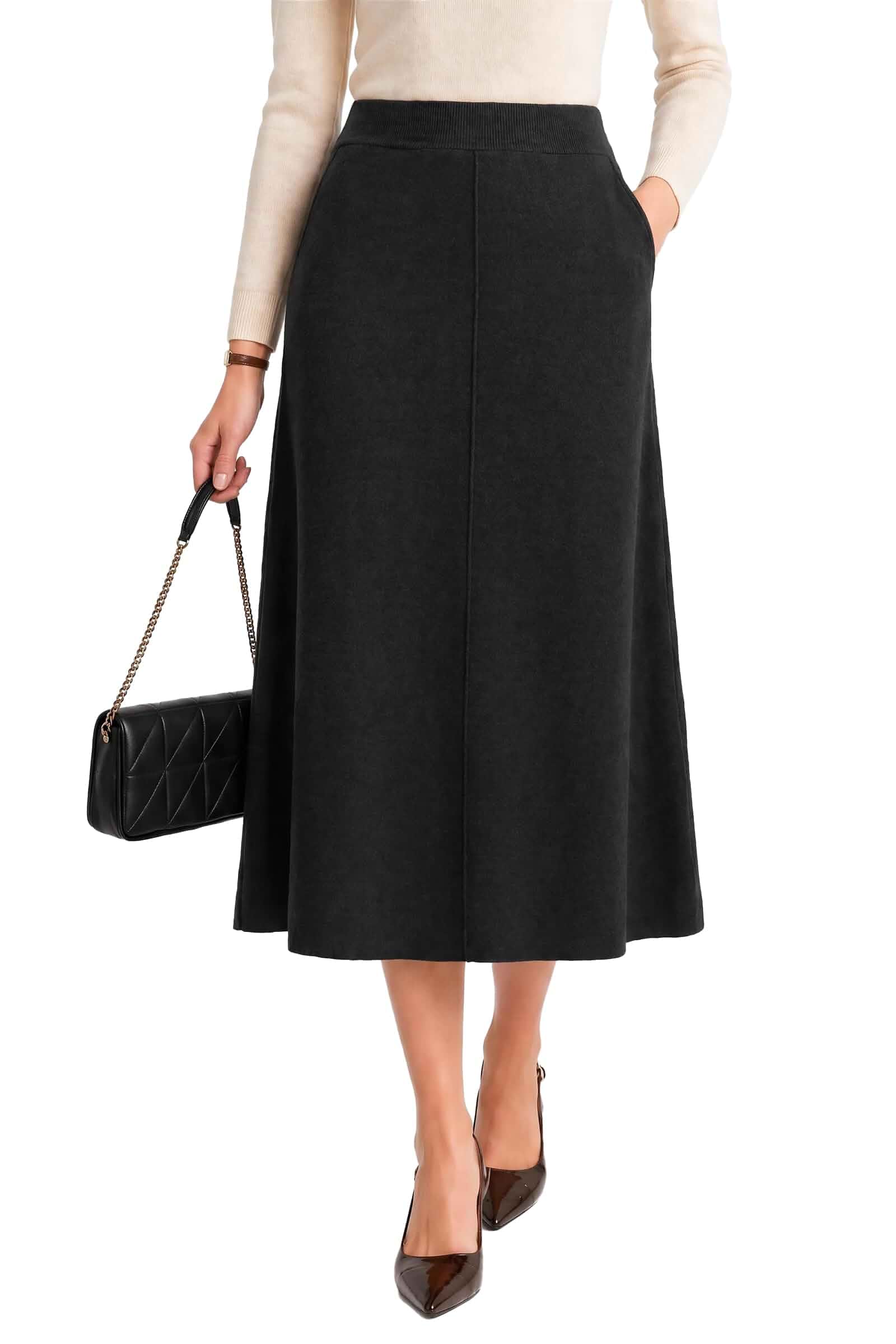 Arach&Cloz Women's Wool Blend A-Line Elastic Waistband Fall Sweater Skirts Non-Itchy, Elastic Waist, Side Pockets, Relaxed Fit, Business Casual