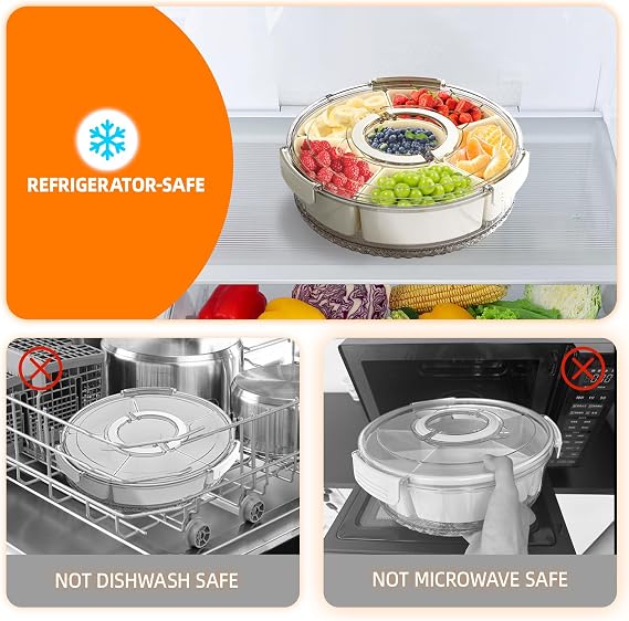 Divided Serving Tray with Lid and Handle, Stackable Snackle Box Container for Fruits Candy Organizer, Portable Spinning Rounded Veggie Tray for Kitchen, Party, Trave and Picnic-1 PACK