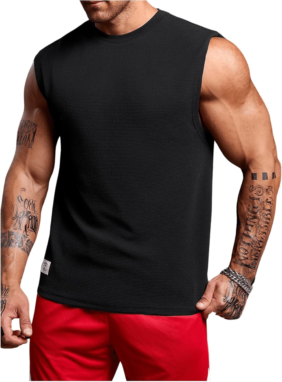 OYOANGLE Men's Letter Textured Sleeveless Muscle Gym T Shirts Crew Neck Tank Tops Workout Athletic Casual Shirts