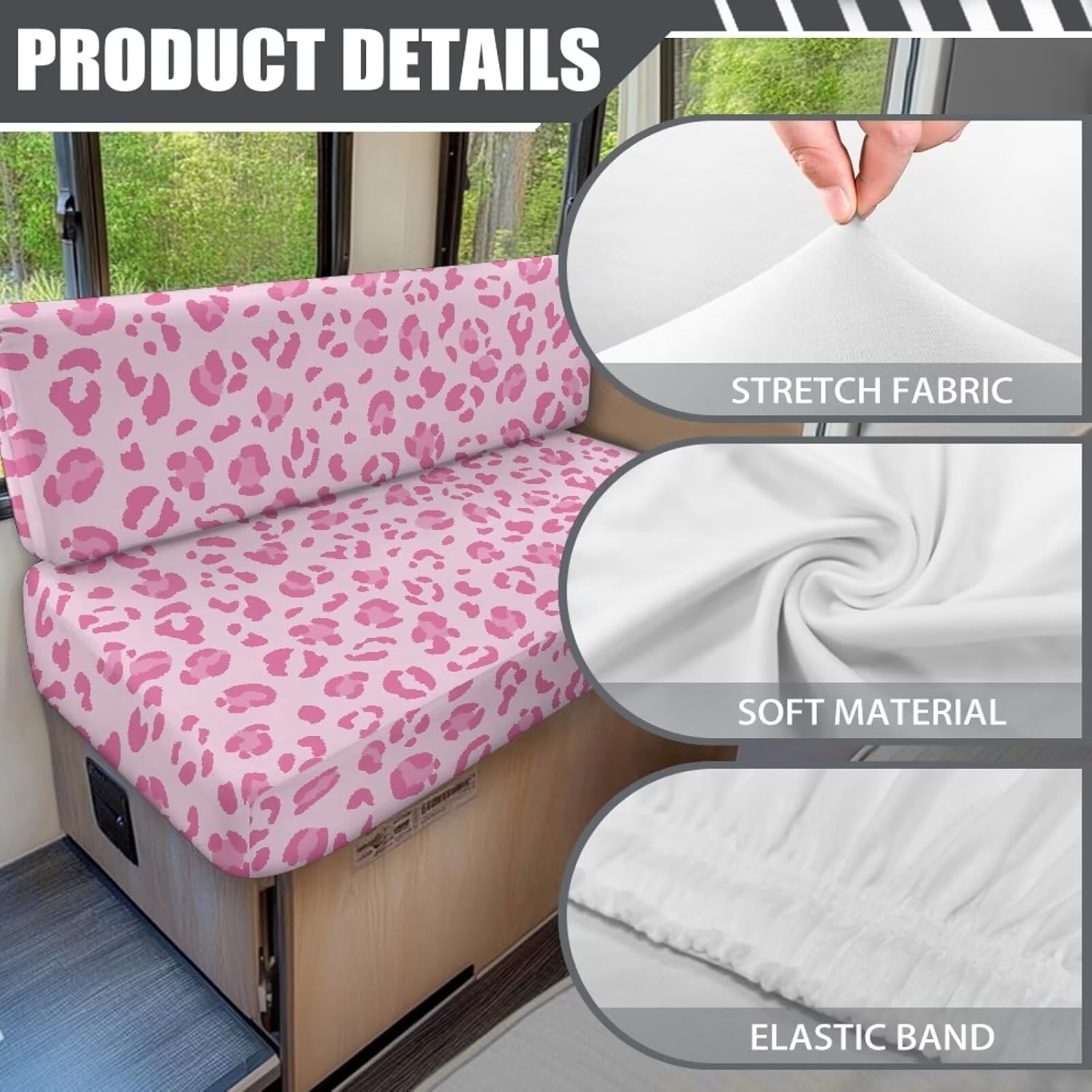GULANGYU RV Dinette Cushions Covers- Pink Leopard Print RV Stretch Sofa Seat Slipcovers -Washable Loveseat Sofa Furniture Protector for RV Camper Car Bench