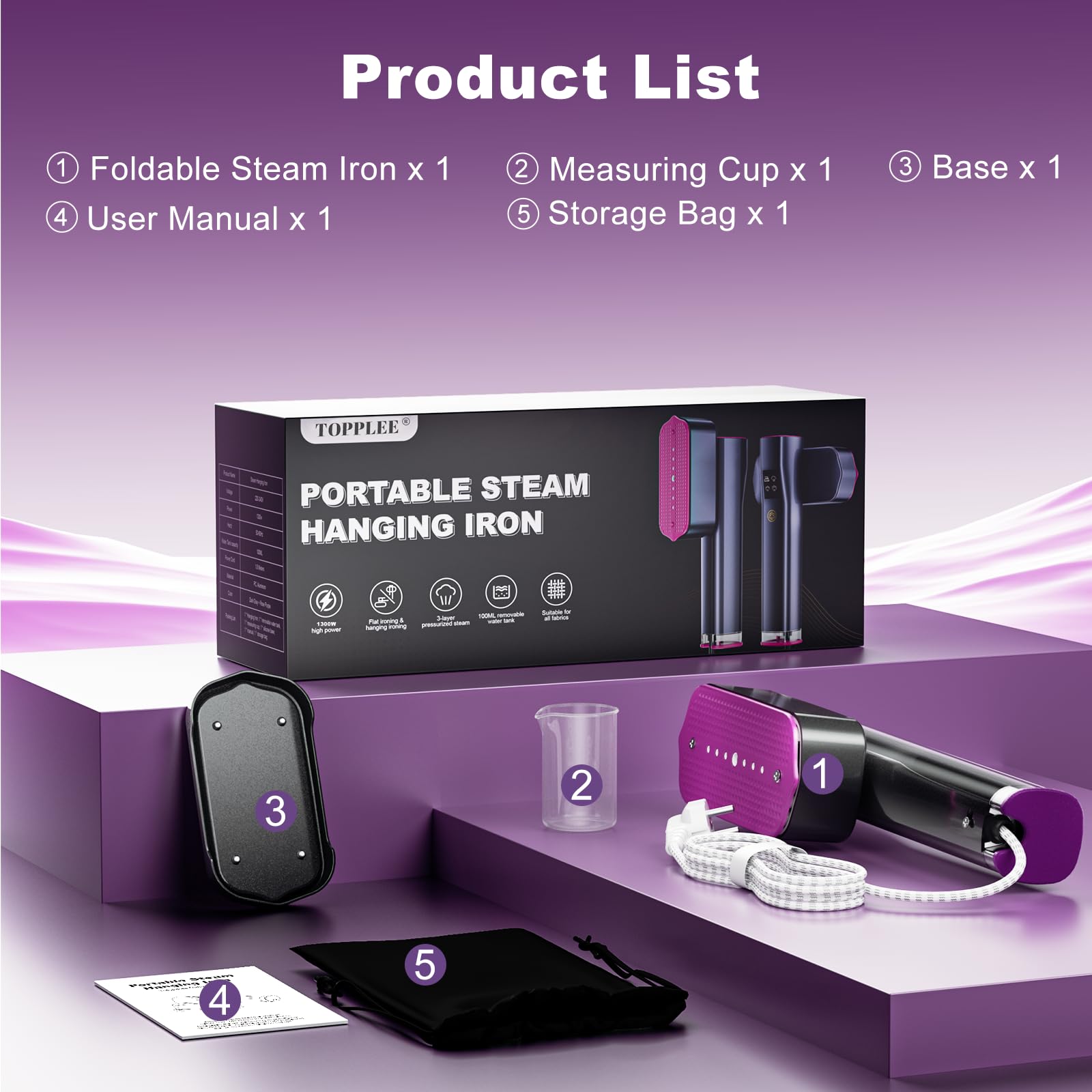 Ferro da Stiro Verticale, 2 in 1 Stiratore Verticale da Portatile da 1300W, Vaporizzatore per Indumenti Solo 0,6 KG, 10 Minuti di Vapore Continuo, Ferro da Stiro a Vapore per Viaggi e Casa