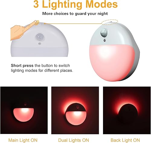 Miniatura 2 de Paquete de 2 Luces Nocturnas Rojas, Luz Nocturna a Pilas, Luces Adhesivas Pequeñas de 6.6 cm, Luz con Sensor de Movimiento Regulable, 3 Modos de