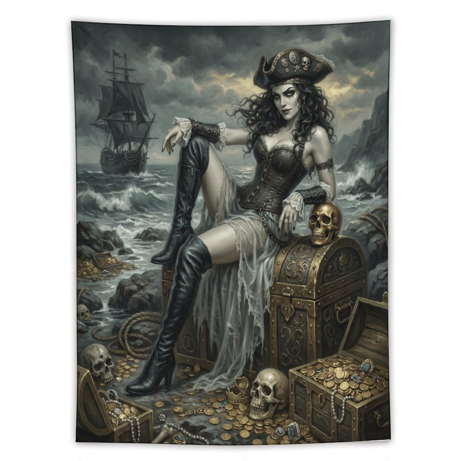 H3B8U2Y5 Pirate Queen Skull Treasure Wall Tapestry, Gothic Oil, Office