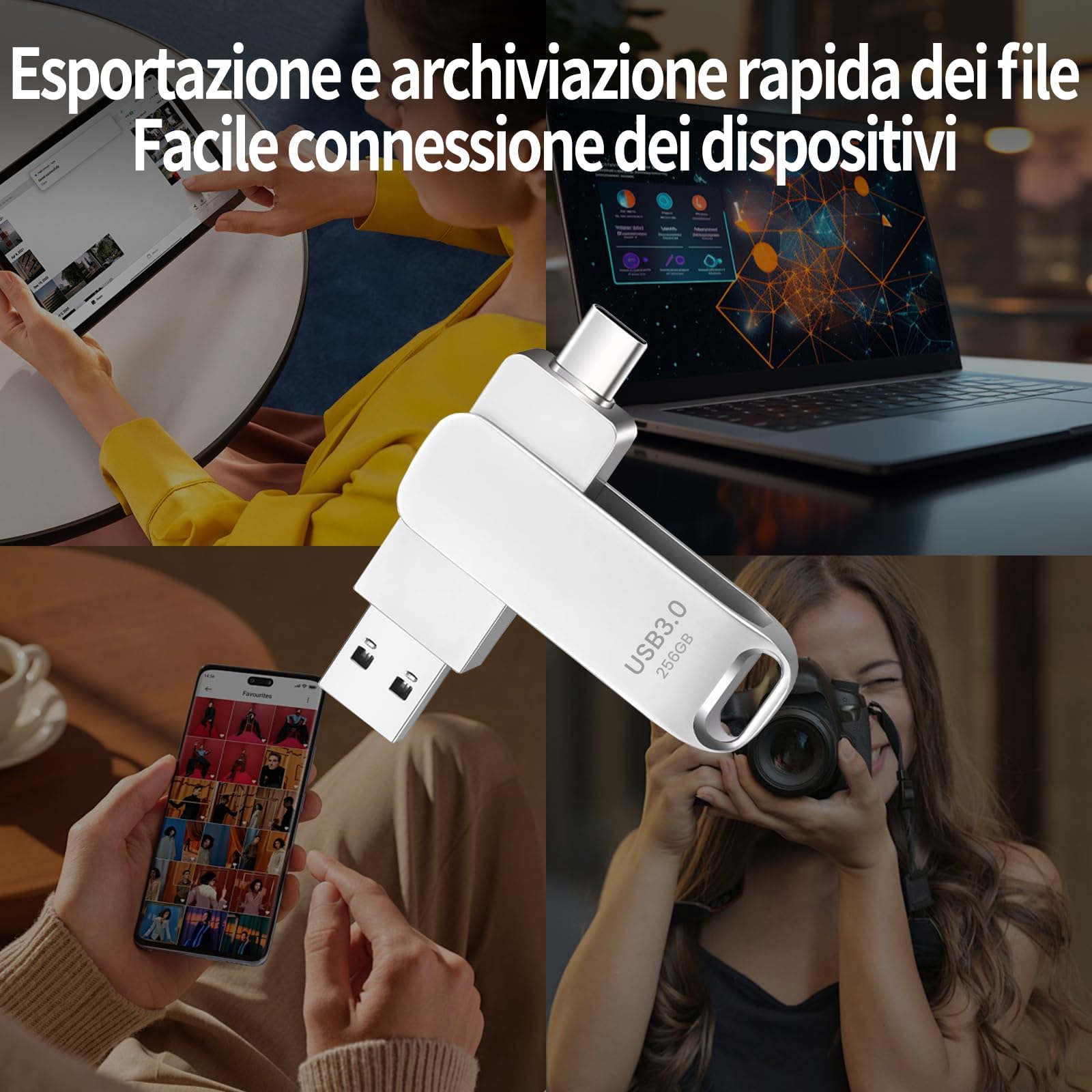 Memoria USB C 256GB, Dual Drive Pendrive Tipo C y USB OTG 2 en 1 Portátil Impermeable Dual Pen Drive USB C Metal Alta Capacidad Memory Stick para iOS Smartphones,Android, Pc, Tabletas13 — view 6