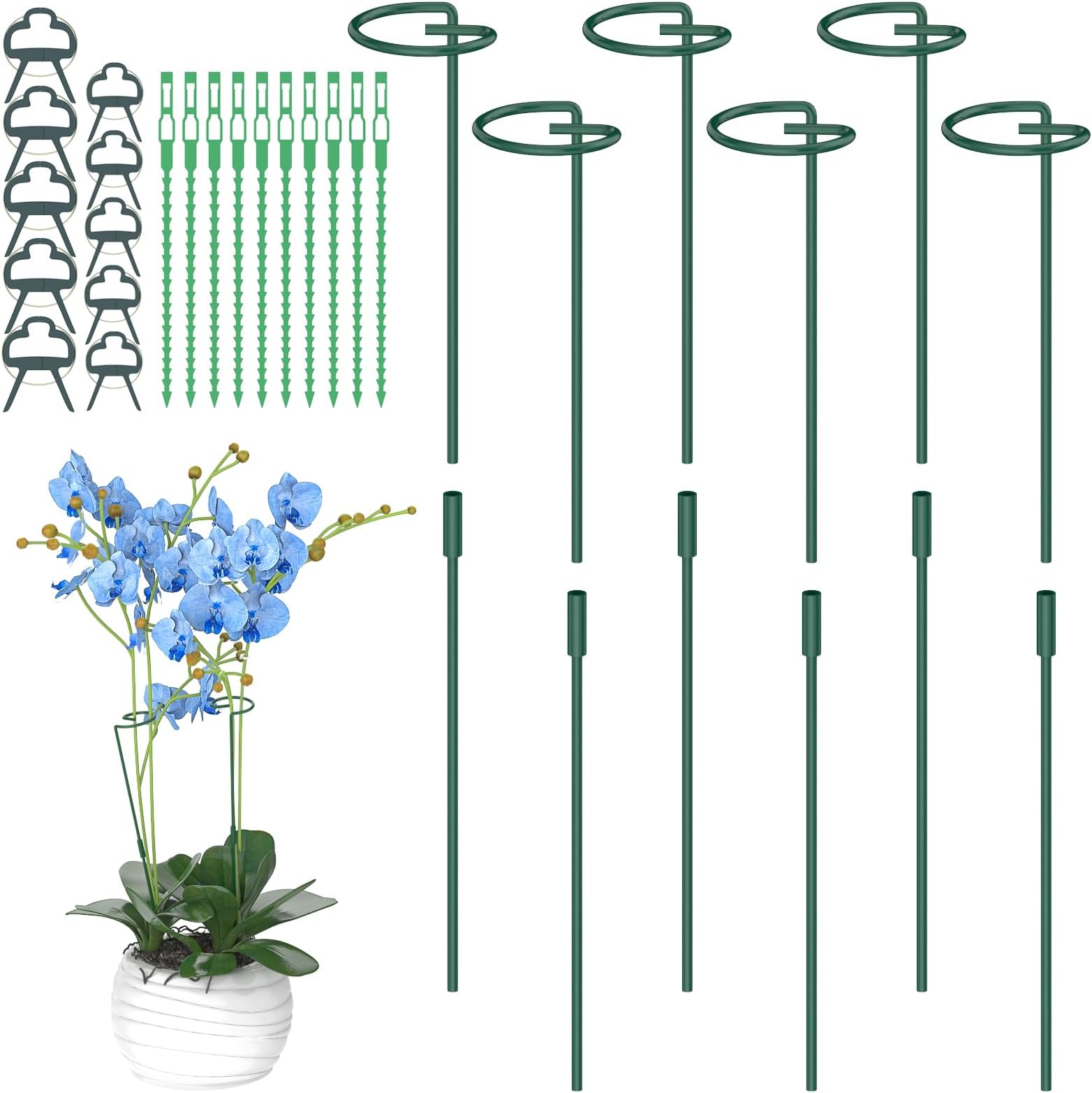 6Pcs Plant Support Stakes, 30cm, 60cm,90cm Adjustable Garden Single Stem Metal Plant Support Rings, with 10 Orchid Clips and Twistties for Peonies Tomatos