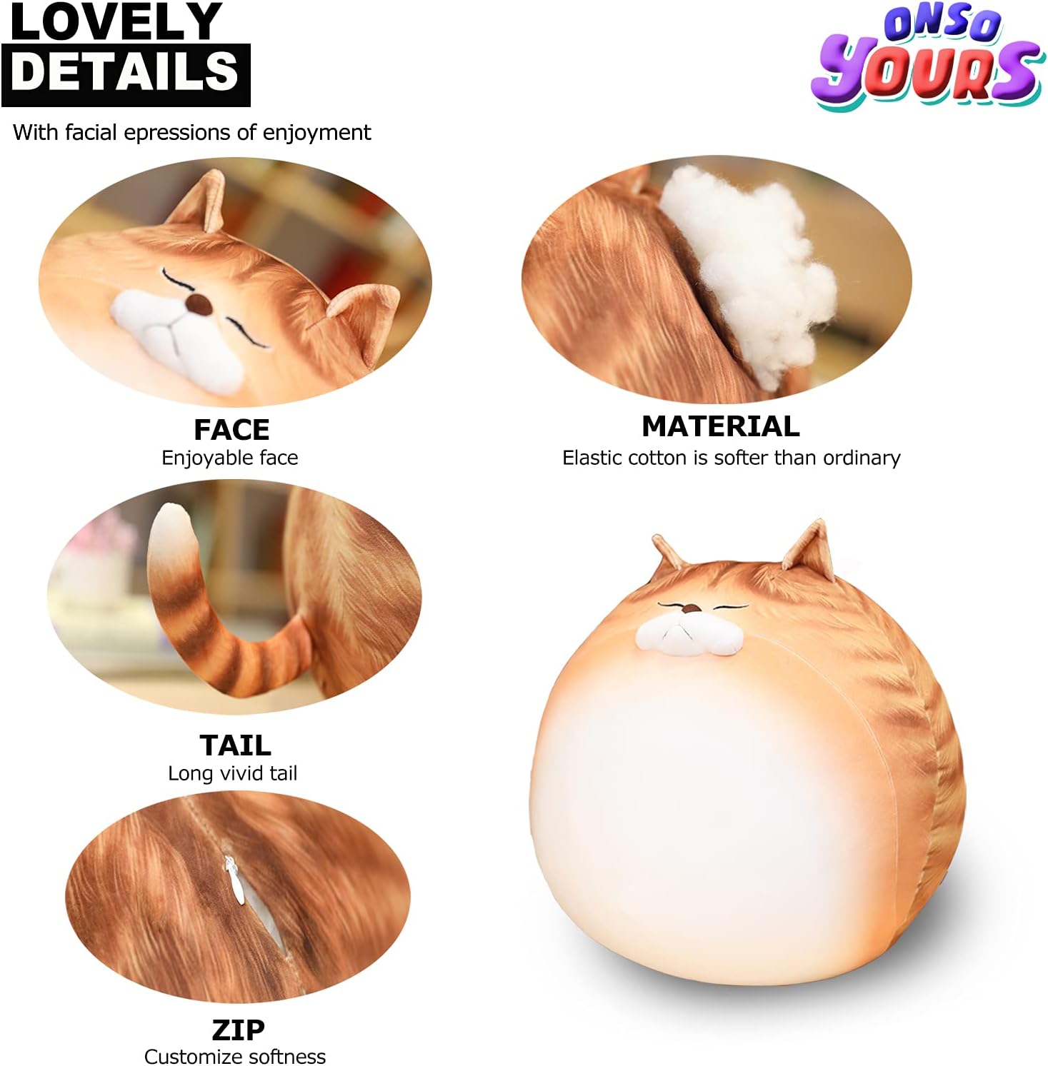Cute Chubby Plush Cat Stuffed Animal Orange Tabby Cat, Cat Plush Toy Pillow for Boys Girls (Orange Stripes, 19.7")