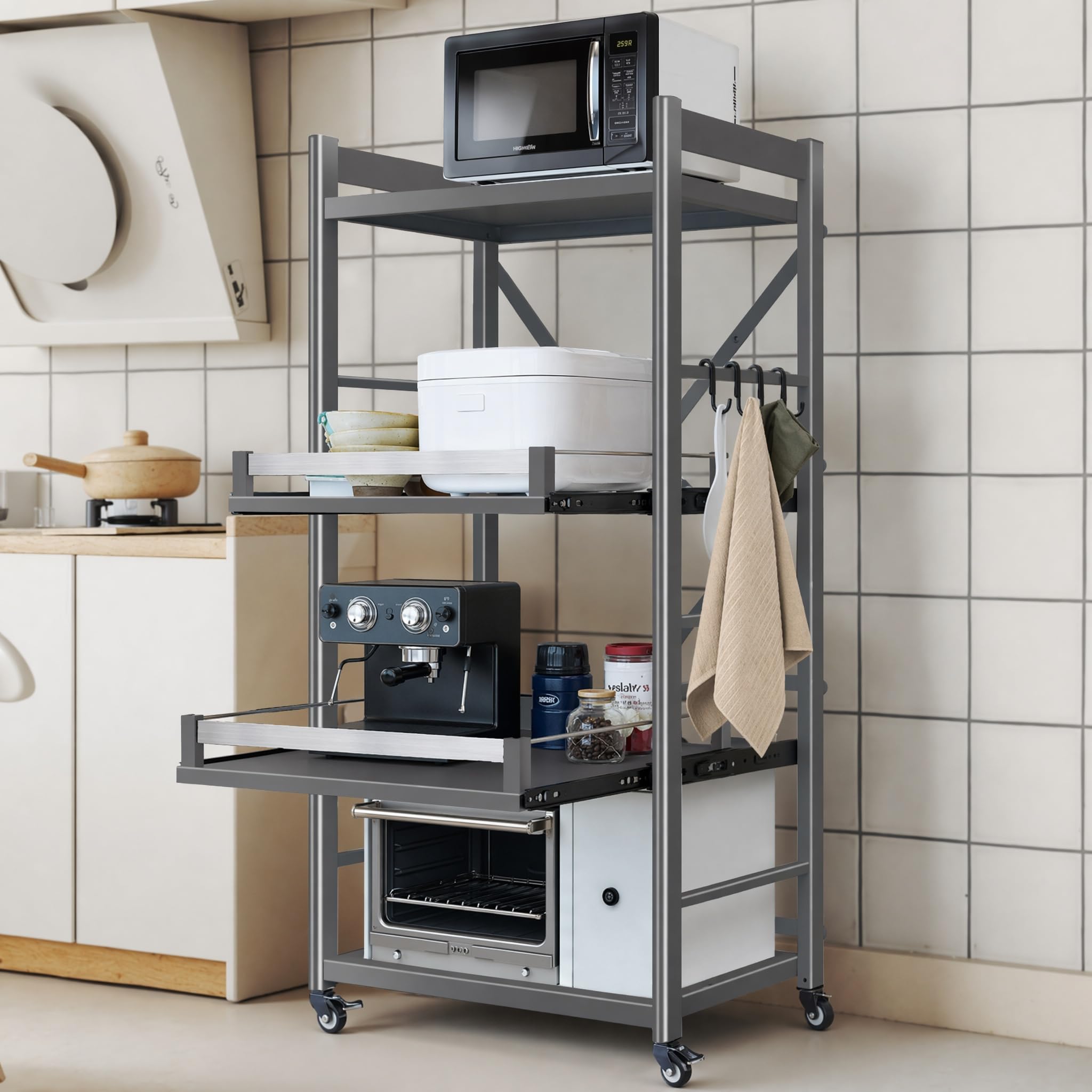 Standregal Küchenregal aus Kohlenstoffstahl, 200kg Tragkraft, 4 Ablagen Schmalregal mit Rollen & Arbeitsplatte, Stehendes Regal ohne Bohren für Küche, Wohnzimmer, Badezimmer, Breite 60cm