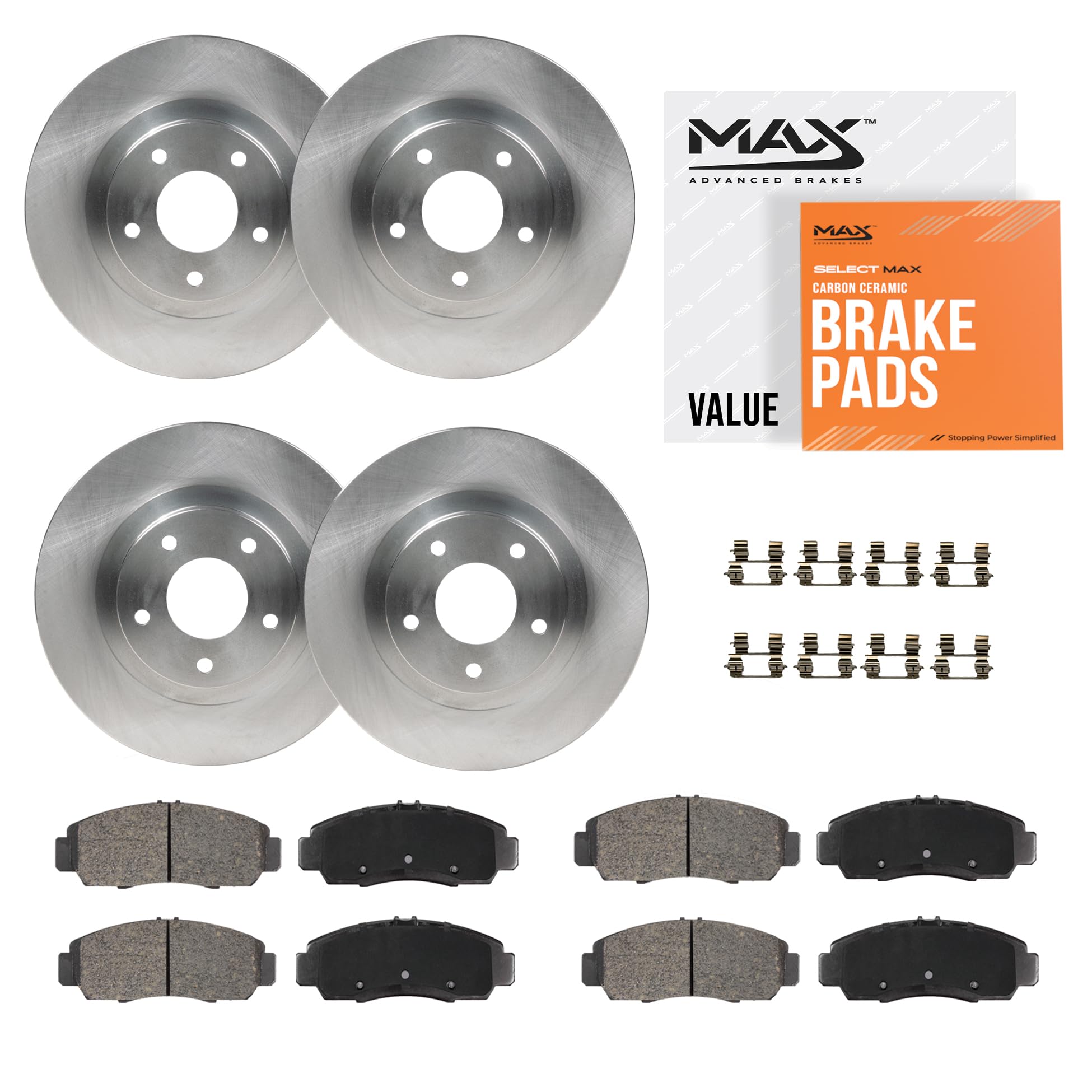 Max Advanced Brakes Front & Rear Brake Kit Compatible With 2018 2019 2020 2021 2022 2023 VW Atlas Cross Sport Replacement Premium OE Disc Brake Rotors and Ceramic Brake Pads