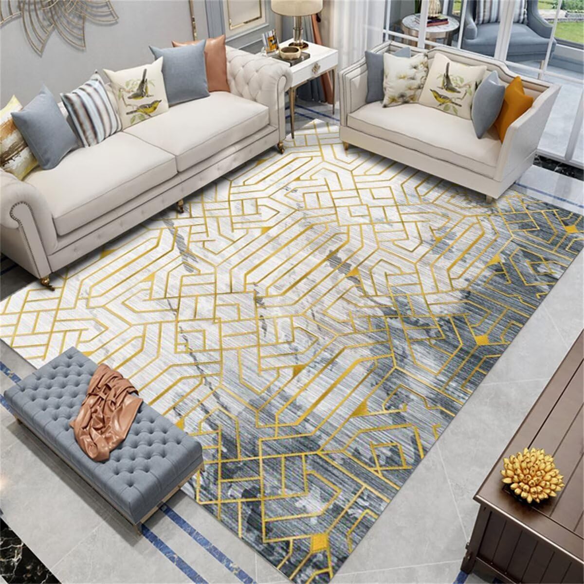Tapis chat gris et jaune 200X260CM au design géométrique pour salon