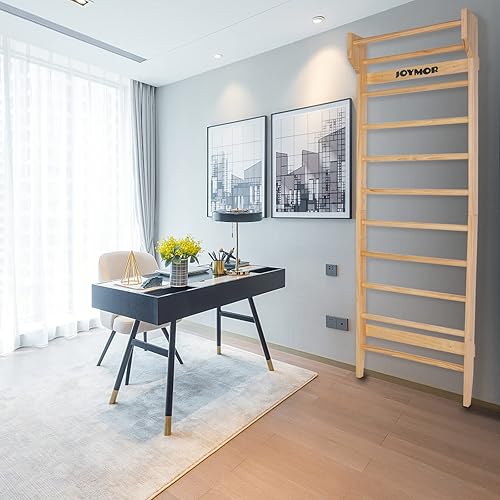 Miniatura 2 de JOYMOR Barra de gimnasia de madera, escalera sueca multiuso, barra de dominadas montada en la pared, terapia física para estiramientos y varios