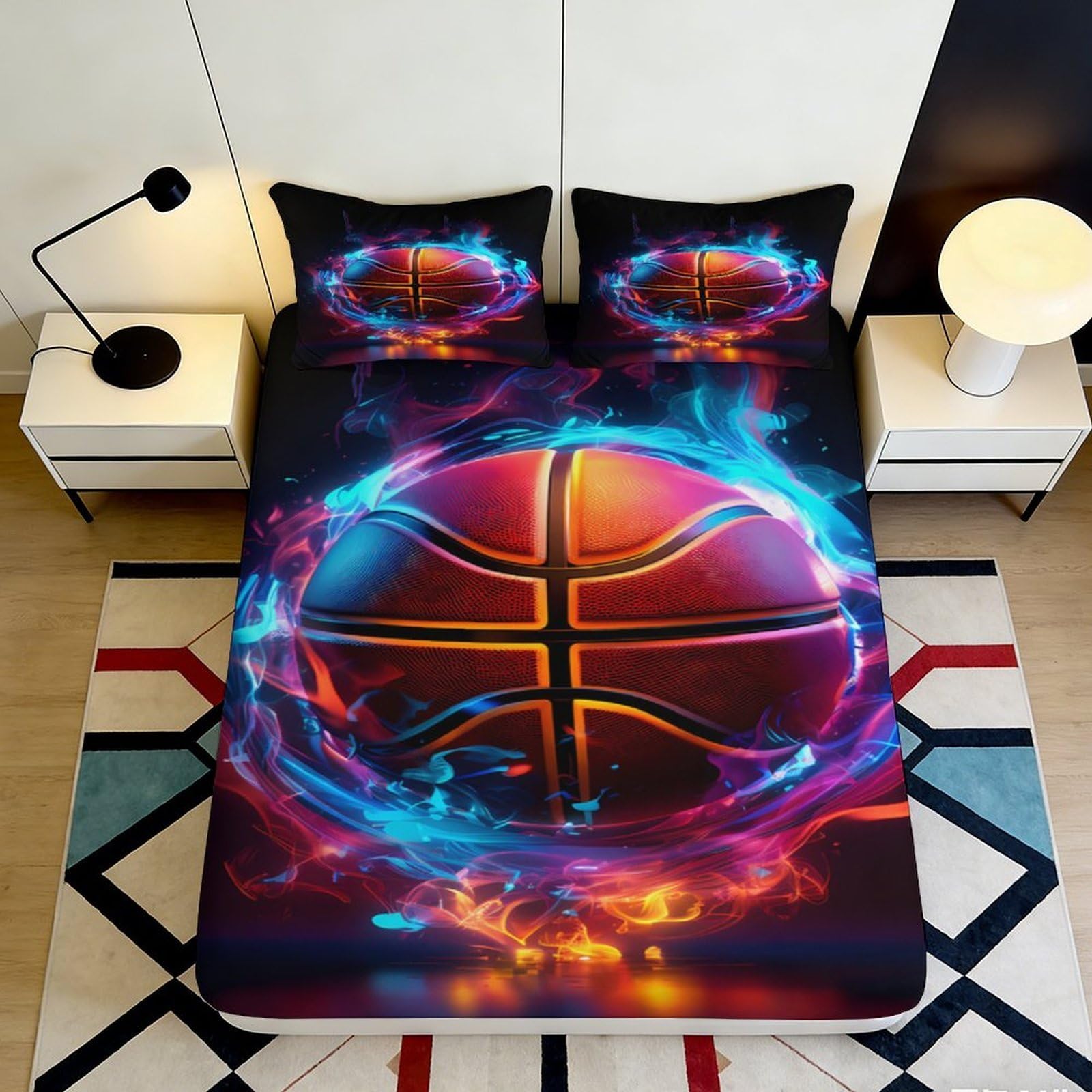 3D Printed Basketball Flames Fitted Sheet Microfiber Soft Durable 3D Printed Basketball Flames Mattress Cover for Bedroom Dormitory Guest Room Protection Decor 180x200x25cm
