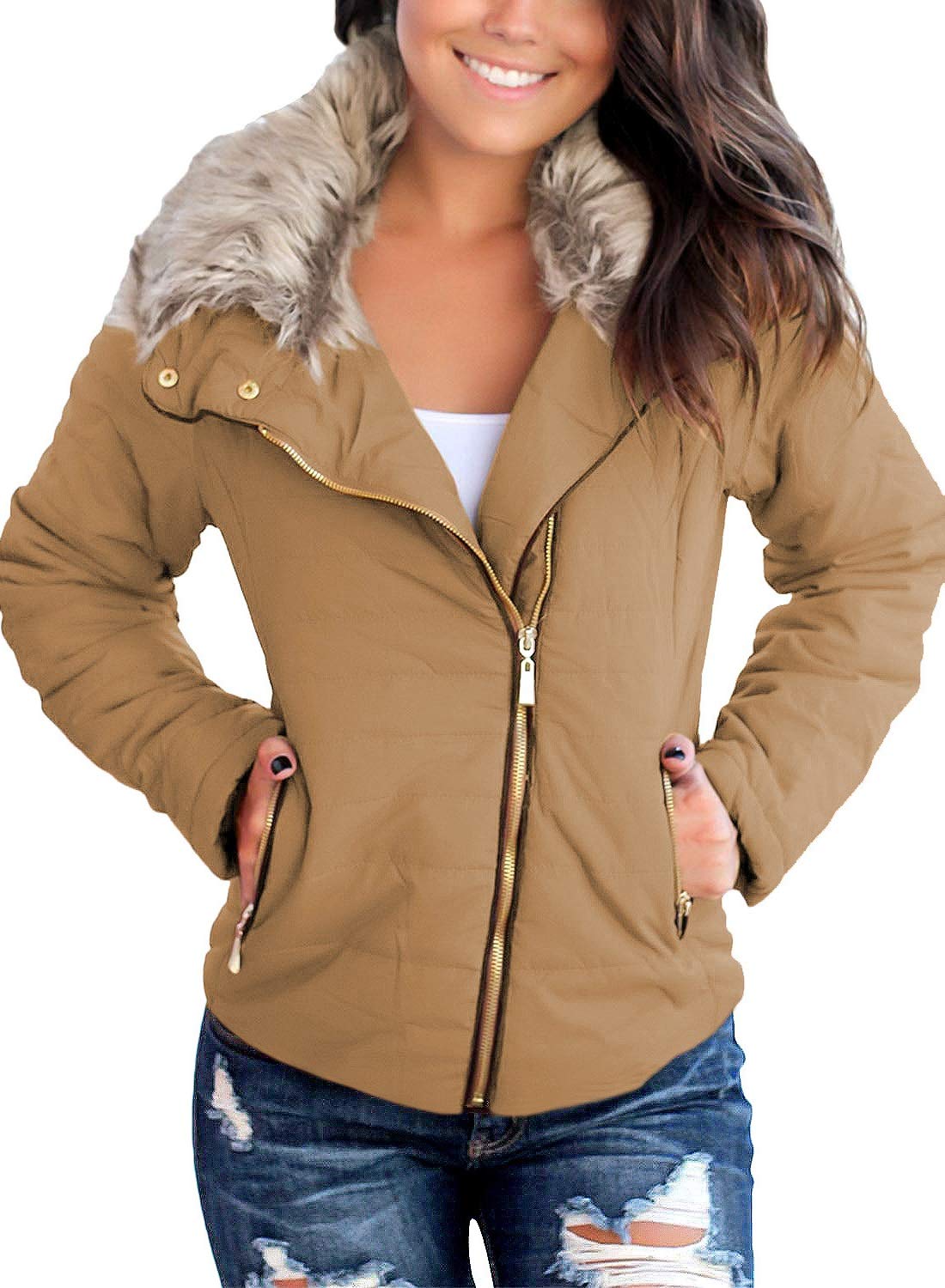 VetineeWomen Casual Faux Fur Lapel Zip Pockets Quilted Parka Jacket Puffer Coat