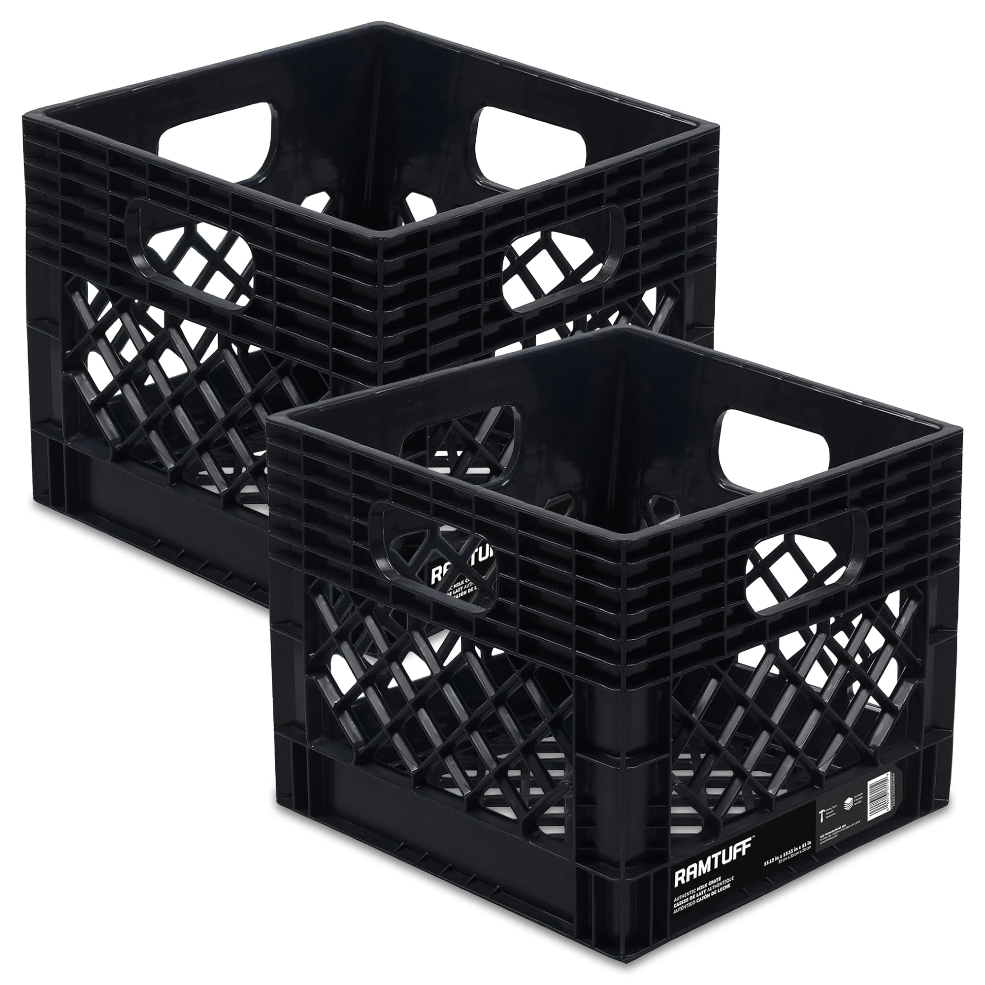 Ramtuff Stackable Storage Milk Crate, 250 Lb Load Capacity, Black, 2-Pack