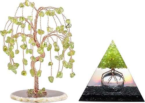mookaitedecor Paquete - 2 artículos Árbol de dinero de cristal de peridoto con base de rodaja de ágata y pirámide de orgón de árbol de peridoto de