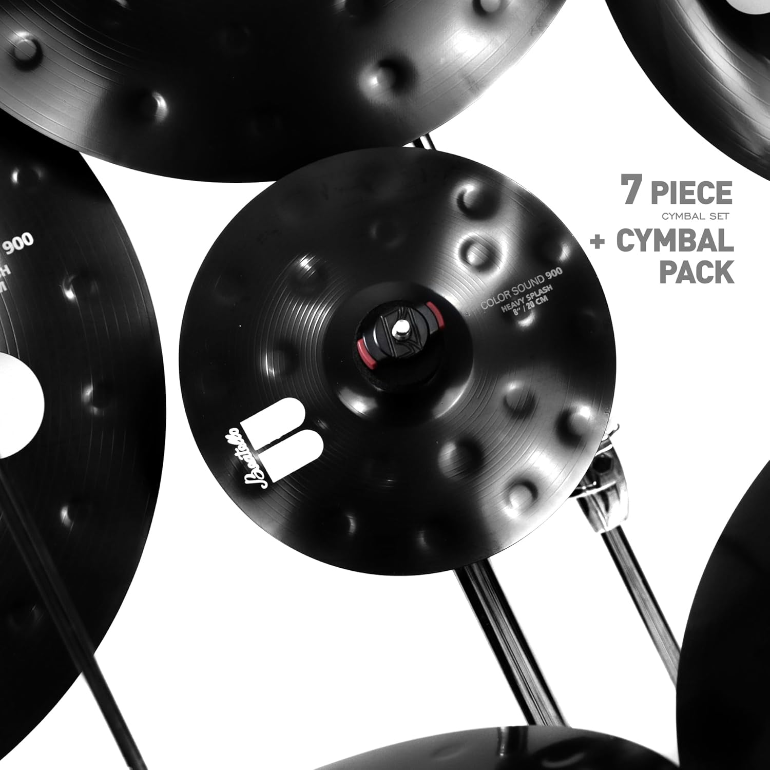 7-Piece Black Cymbal Set with Gig Bag - Professional Alloy Drum Cymbals Pack: 20" Ride, 18" Holed Crash, 18" Holed China, 16" Crash, 14" Hi-Hats, 8" Splash for Professional Drummers