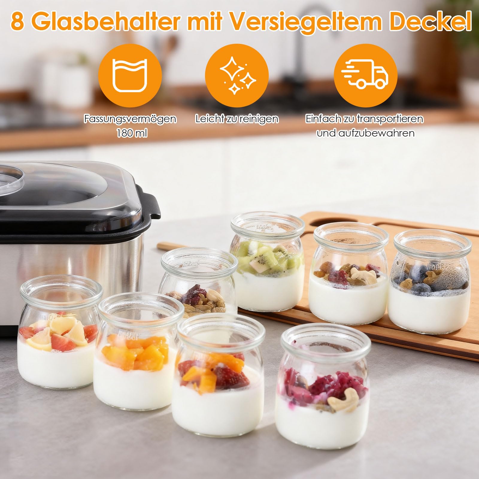 Dreamhigh® Elektrische Joghurtbereiter, Griechische Joghurtmaschine mit 8 Glasbehälter à 180 ml, Joghurt Maker mit LCD Display Timer, Temperatur 20-55°C, für Bis 1,4L Selbstgemachten Joghurt