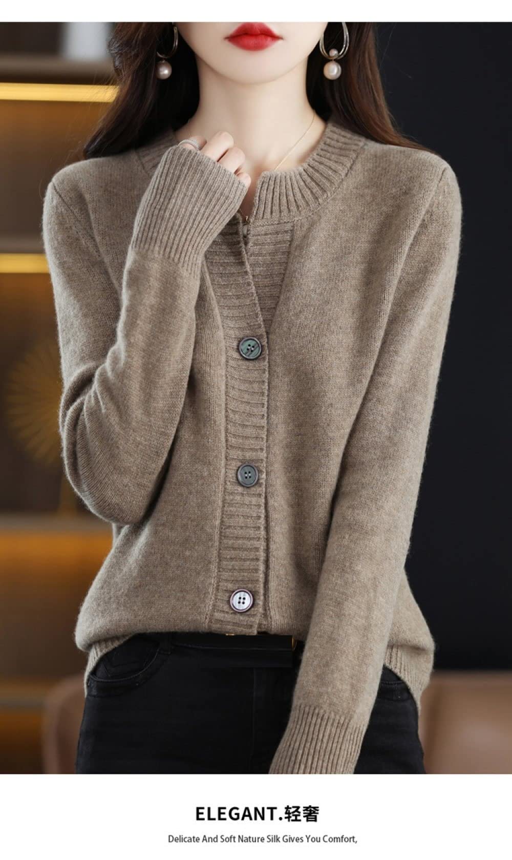 EIBA Cárdigans para Mujer,Cárdigans De Punto para Mujer, Informal, Liso, Marrón, Cuello Redondo, Botón Abierto, Suéteres Delanteros, Cárdigan, Otoño, Grueso, Suave, Acogedor, Manga Larga, Abrigo D