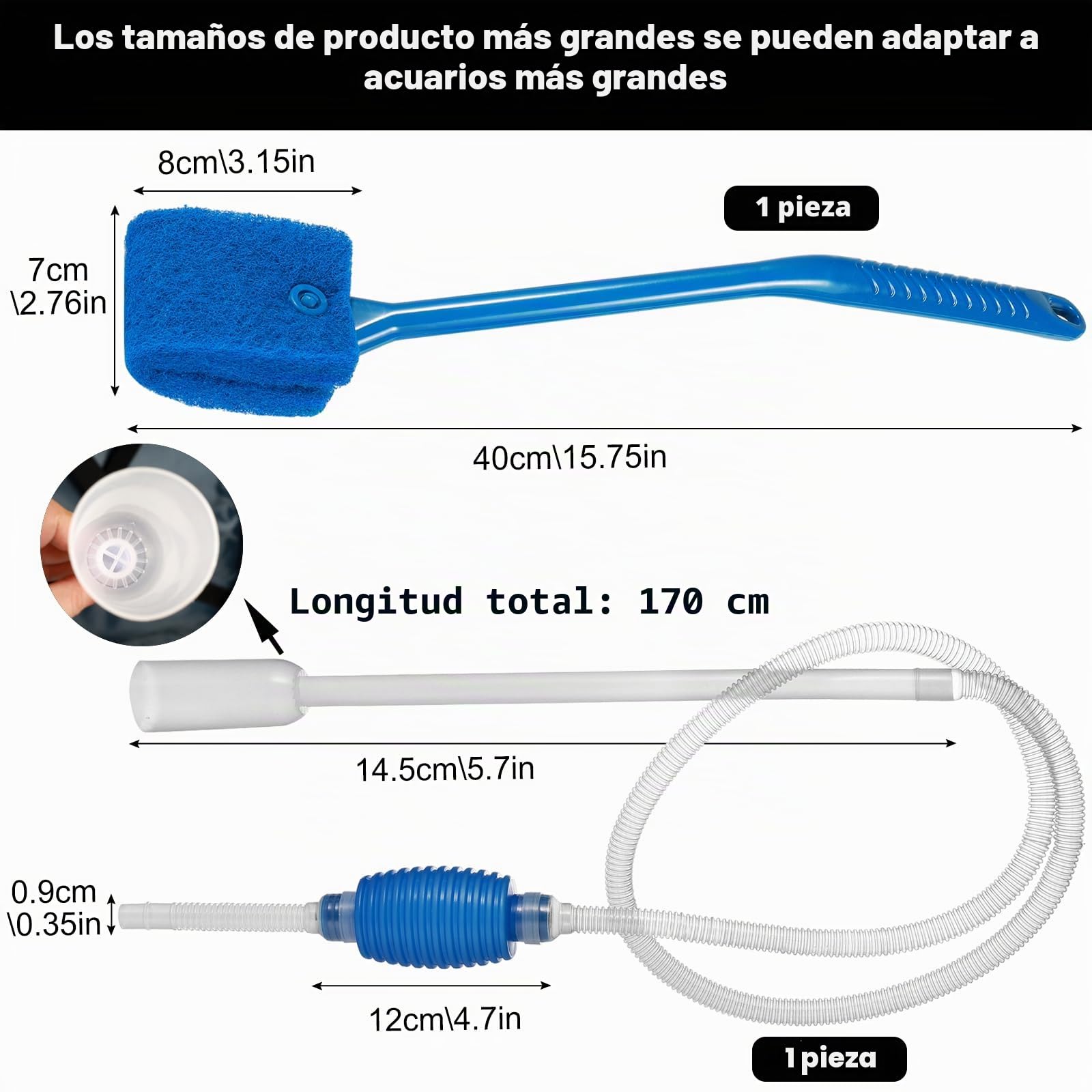 Sifonador Acuario Manual, Sifon Acuario con Cepillo de Limpieza Azul, Limpiafondos Acuario Sifón Limpieza Pecera Tubo, Sifón Cambiador de Agua, Cepillo Esponja Limpieza acuarios Azul 40cm