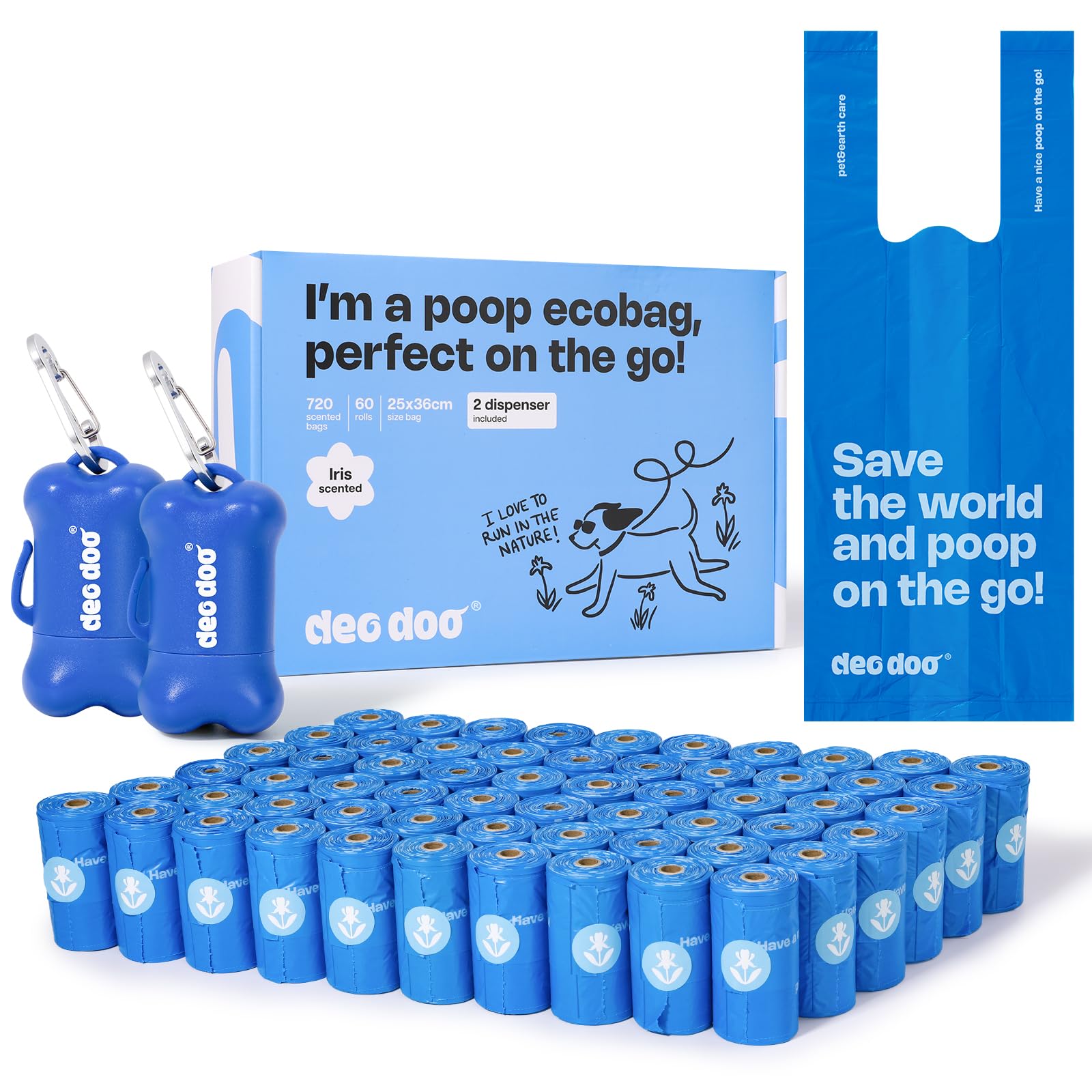 Deo Doo Dog Poop Bags with Handles 60 Rolls 720 Counts Big Sizes Leak Proof and Extra Thick Waste Bags Refill Rolls for Walking Small Medium Large Dogs Cats Litter With 2 Holders Iris Scented
