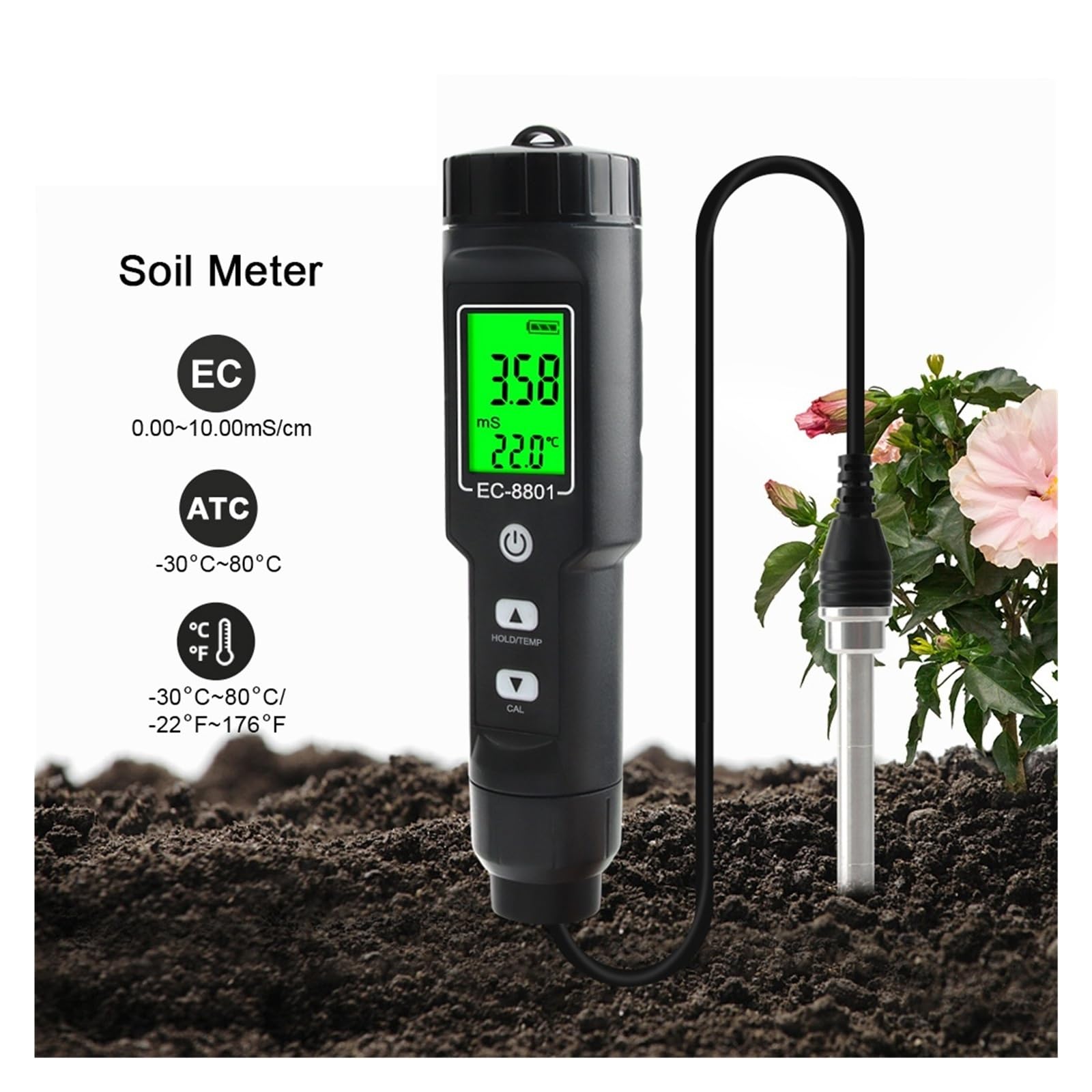 Medidor de Calidad del Agua, Termómetro Digital LCD multifunción for Suelos con CE, Resistente al Agua, retroiluminación y sonda Desmontable. para Campo y Laboratorio