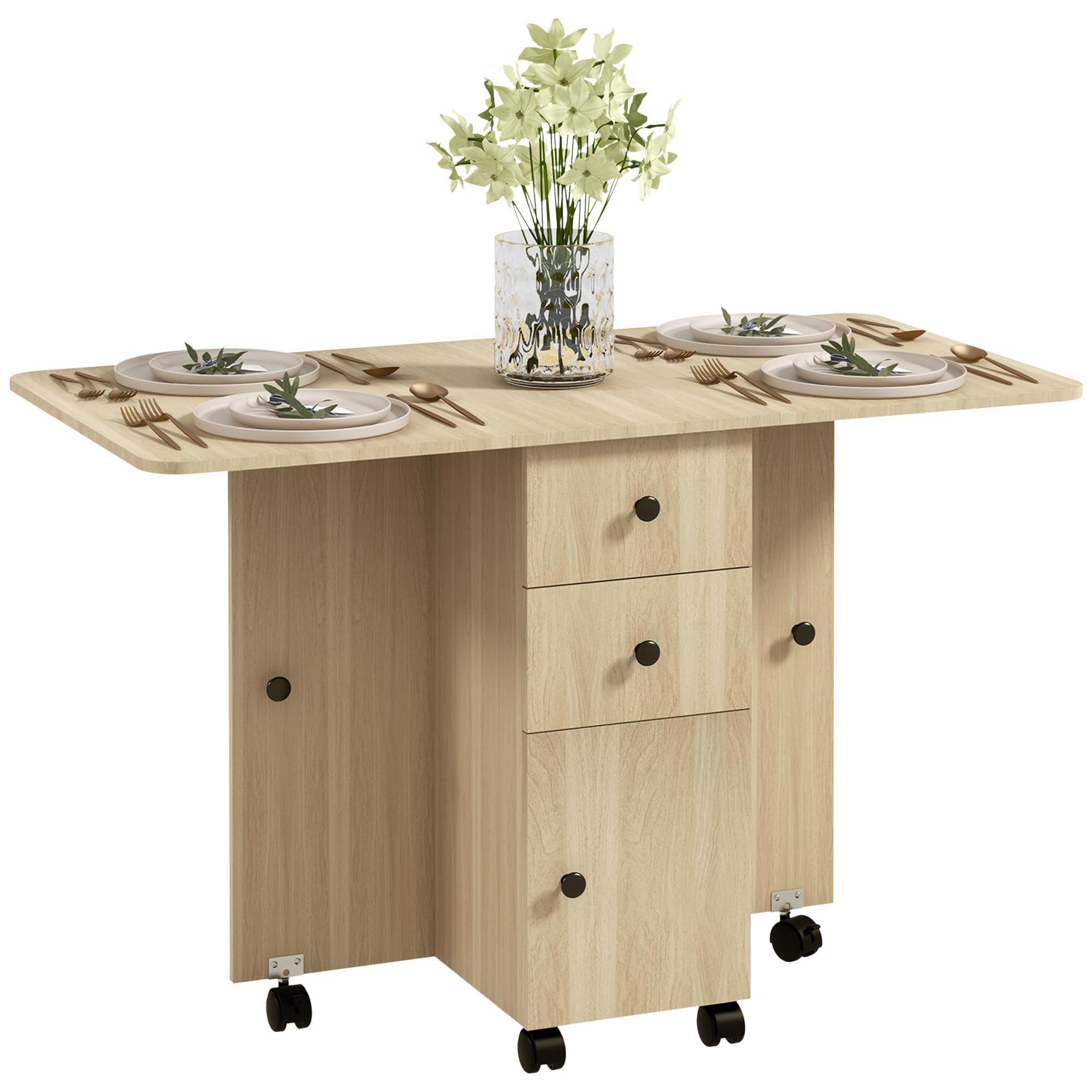 HOMCOM 60-120 cm Folding Dining Table for 4-6, Rolling Drop Leaf Table on Wheels with Storage Drawers, Cabinet and Open Shelf for Small Spaces, Kitchen, Dining Room, Flat, Natural Wood