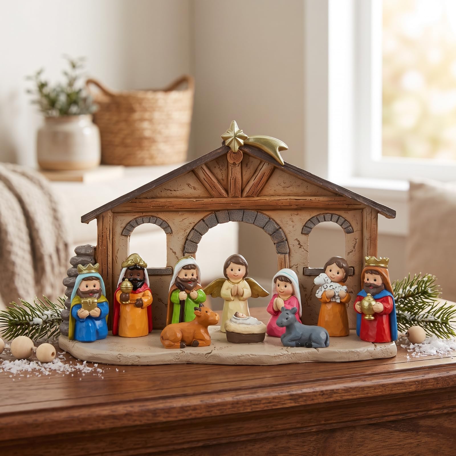 Crèche Noël Spirituel | Aspect Bois Sculpté, Crèche Noël En Résine, Traditionnel, Statuettes Religieuses