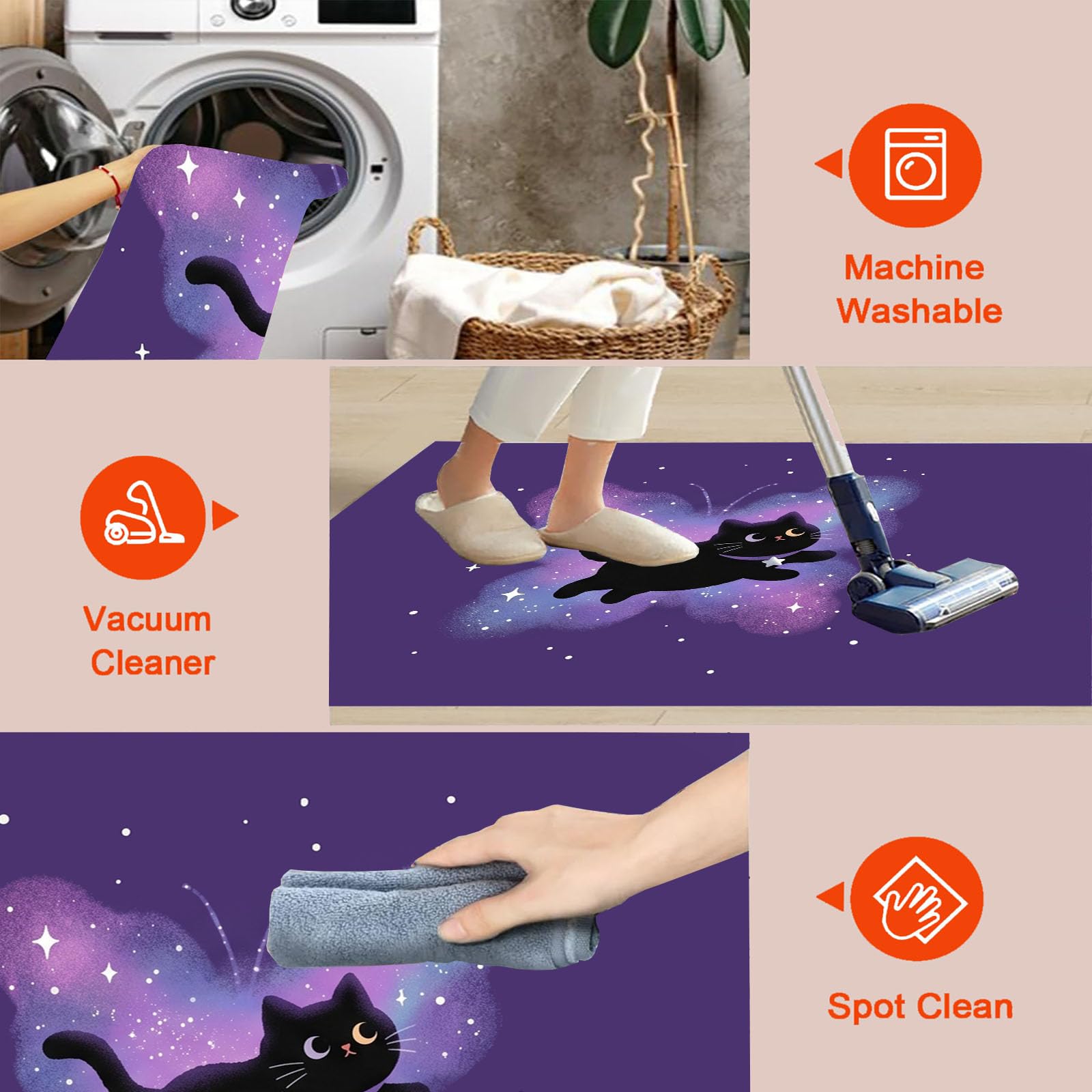 Felpudo de Entrada 90x150cm, Alfombra Misterioso Gato Espacial Atrapapolvo Alfombra Mariposa Gato Negro Antideslizante Lavable, Alfombrilla con Microfibras Suaves para Puerta, Pasillo, Morado Intenso