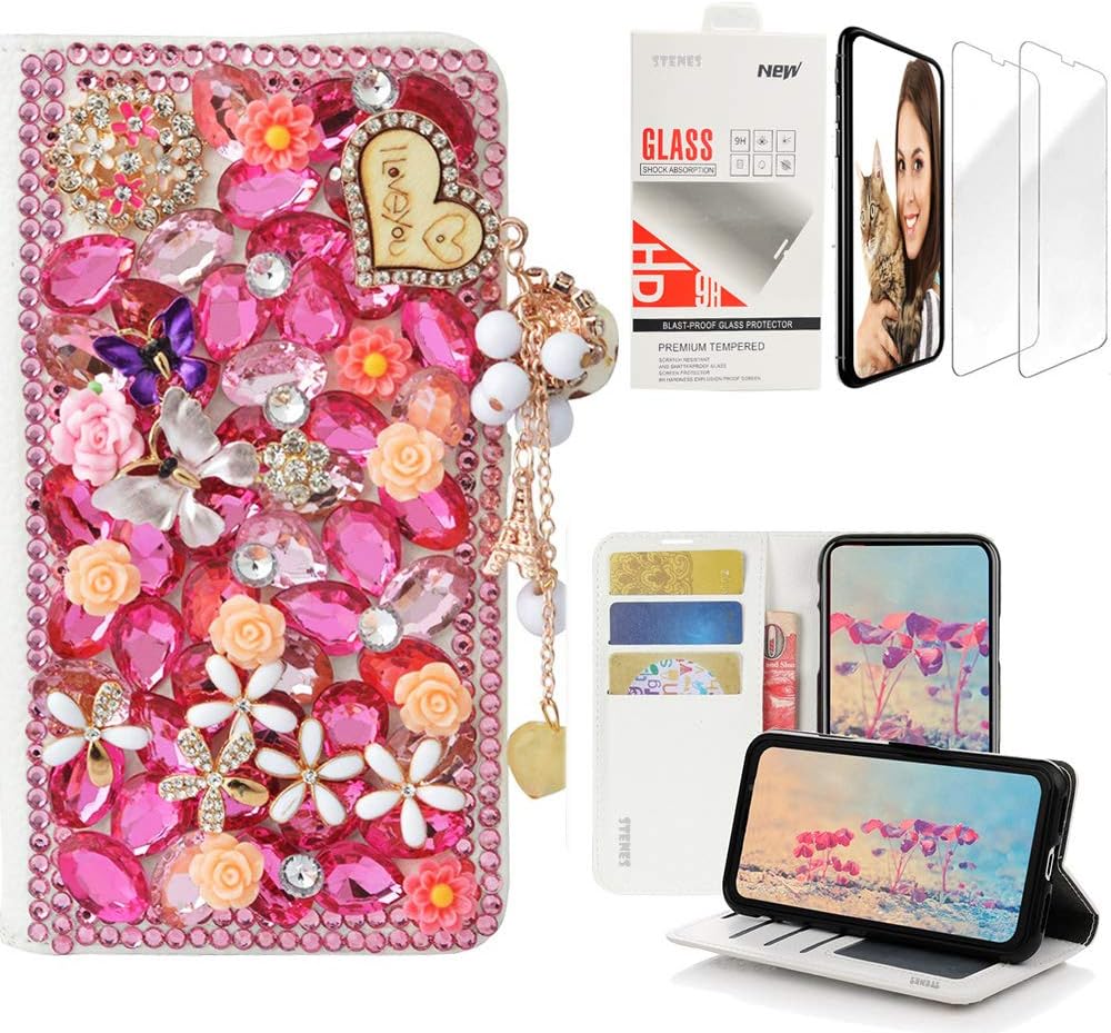 STENES Bling Wallet Case Compatible with Xiaomi Redmi Note 7 - Stylish - 3D Handmade Snow Girls High Heel Flowers Leather Case with Wrist Strap & Screen Protector [2 Pack] - Pink