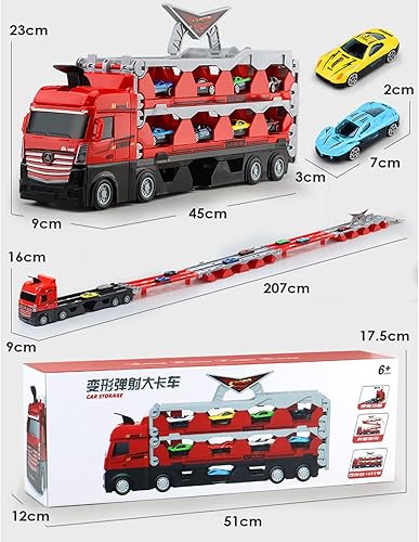 Miniatura 6 de Mega Hauler - Camión transportador con pista de carreras de eyección, para niños, catapulta y disparo, camión grande plegable de almacenamiento,