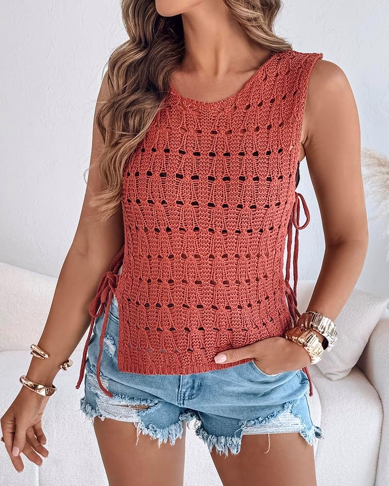 CHICME Womens Sweater Vests Knit Sleeveless Side Tie Crochet Top Fall Crewneck Hollow Out Beach Tank Cover Ups - Image 3