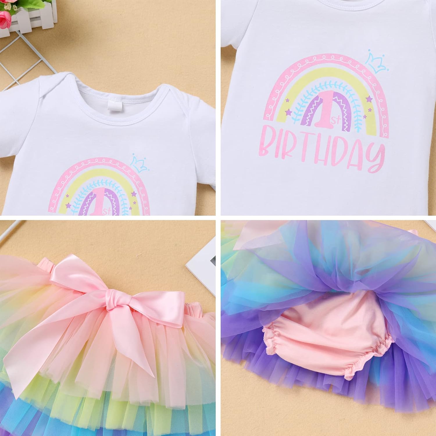 ODASDO Baby Girl Boho Rainbow 1st 2nd Birthday Cake Smash Outfit Romper Tutu Skirt Headband 3pcs Set Photo Props - Image 5