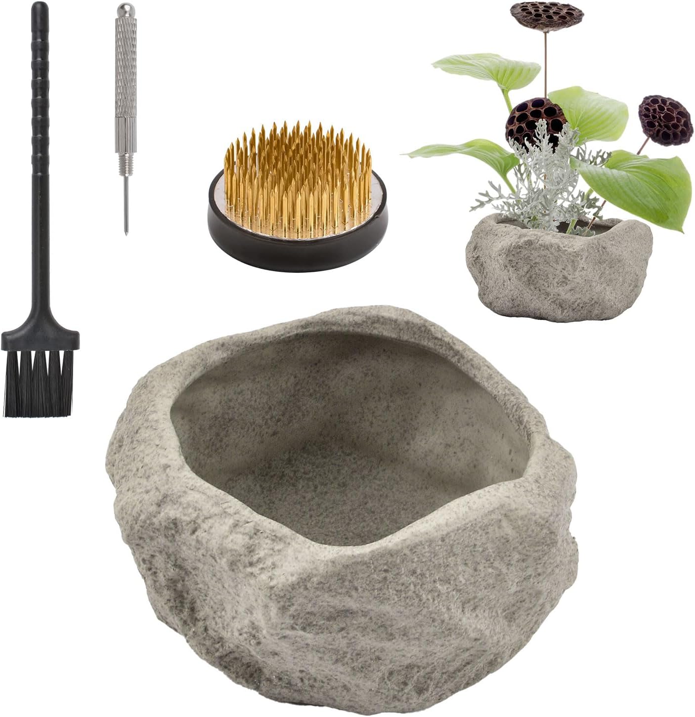 WANDIC Ceramic Flower Arrangement Supplies, Grey Faux Stone Vase & 5cm Floral Frog for Ikebana Pottery Vase for Floristry Arranging