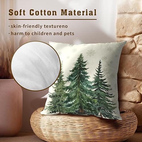 Miniatura 4 de Fundas de almohada verdes de árbol de Navidad de 16 x 16 pulgadas, diseño de bosque de abedules y copos de nieve, funda de almohada decorativa de