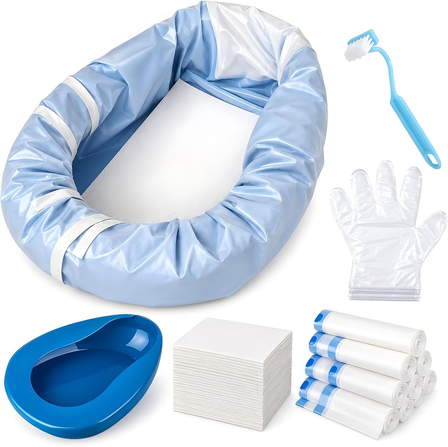 Bedpan Set for Elderly Women & Men – 45 Absorbent Pads, 45 Sky Blue Disposable Liners Bags, 200 Gloves, Cleaning Brush, 12.9 x 10.6 in Portable Bedpan for Bedridden Care