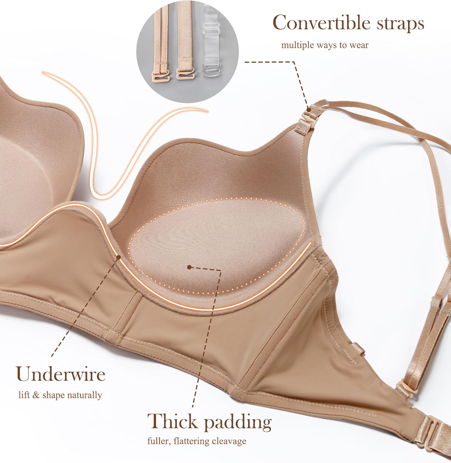 DotVol Women's Backless Multiway Convertible Low Cut Push Up Underwire Bra - Image 4