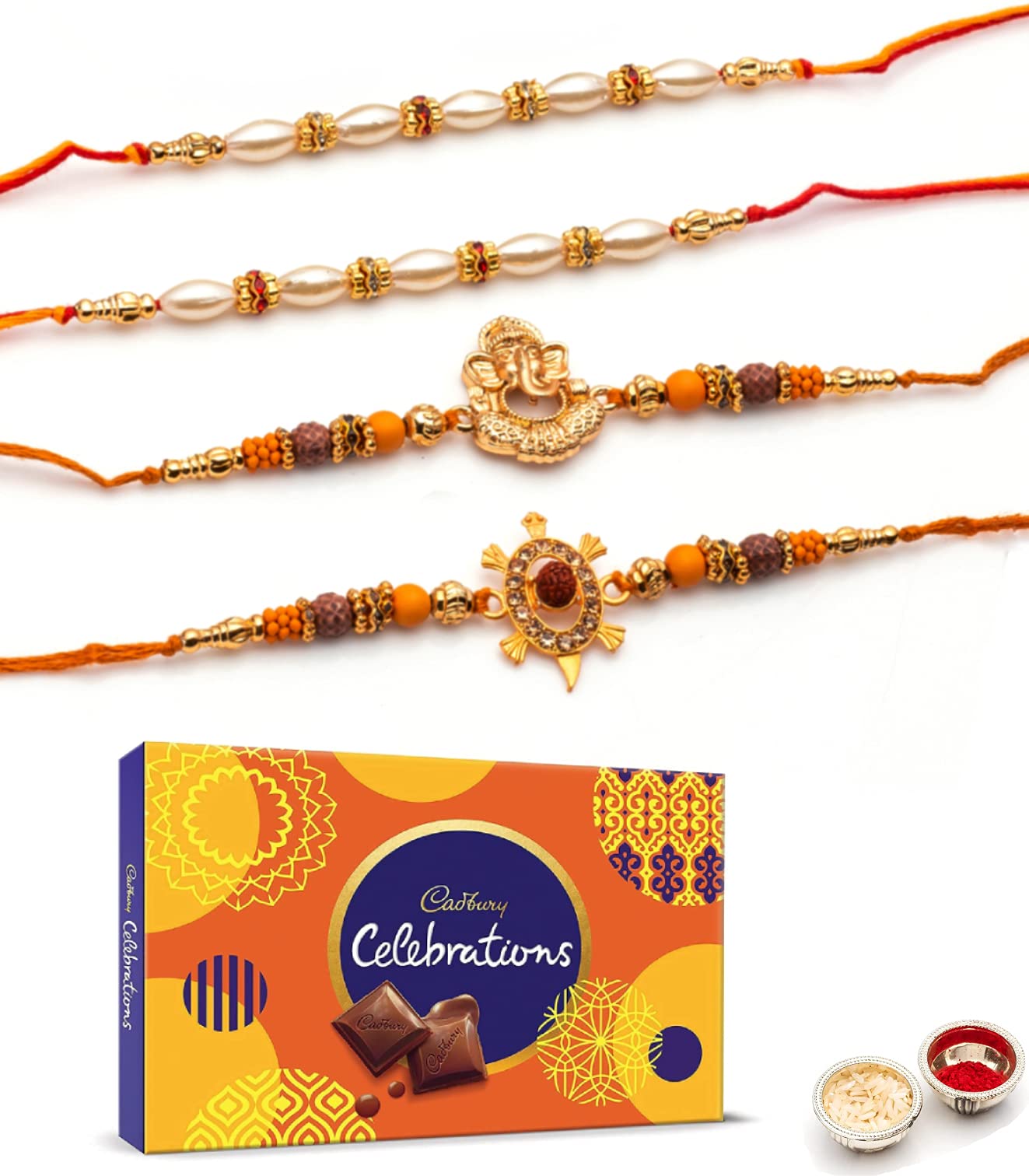 Raksha Bandhan Ganesha Rakhi for Brother with Cadbury Celebration Chocolate Pack Hamper Combo, Rakhi for Bhaiya Bro with Chocolate, Pearl Rakhi Set of 4 with Greeting Card (B09CQ5CJ43) Amazon Price History, Amazon Price Tracker